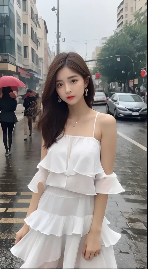 ((Best Quality, 8k, Masterpiece: 1.3)), Focus: 1.2, Perfect Body Beauty: 1.4, Buttocks: 1.2, ((Layered Haircut, Flat Chest: 1.2)), (Rain, Street:1.3), Bandeau Dress: 1.1, Highly Detailed Face and Skin Texture, Fine Eyes, Double Eyelids, Whitened Skin, Long...