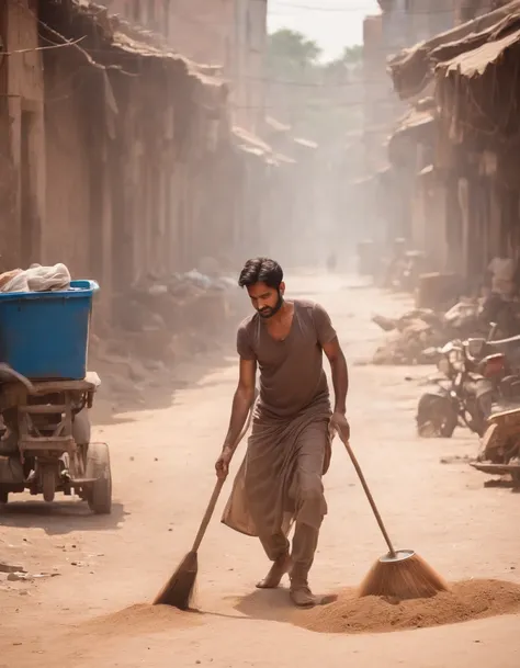 man cleaning dust in a busy street, in the style of landscape photography, indian pop culture, contrasting light, dystopian realism, war photography, 32k uhd, rusty debris