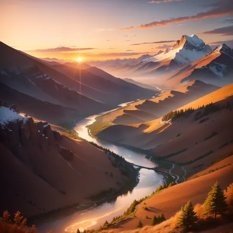 The mountain sunset casts a warm, golden glow across the landscape, illuminating colorful clouds that streak the sky. Birds soar gracefully, heading home as they pass over a meandering stream, which leads to a cascading waterfall, creating a stunning and s...