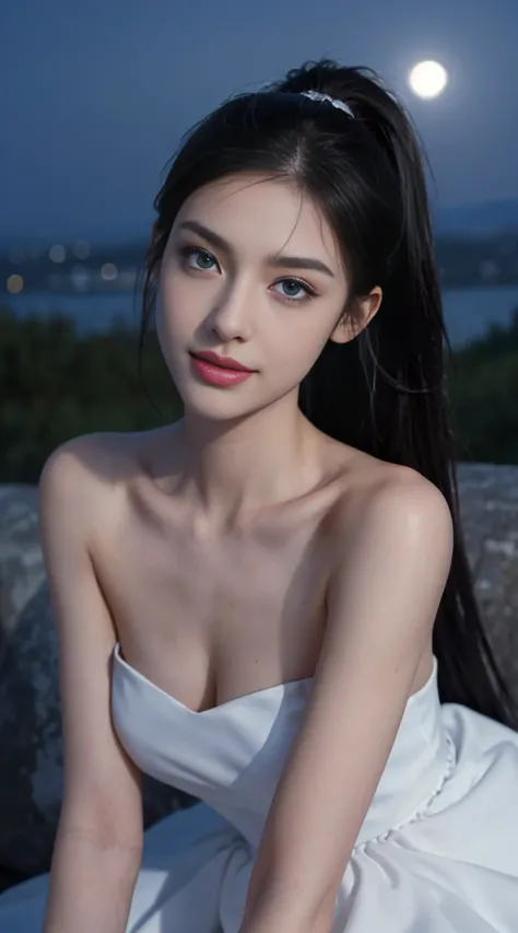 8K, Top Quality, Intricate Details, Ultra Detail, Ultra High Resolution, Masterpiece, random angle,  Slender, Smile, (Makeup: 0.4), (Fluffy Blue Eyes: 1.21), blue Eyes,, ((full body)), 1girl, solo, 1 girl, (( full body)),  close-up shot, sitting, on side ,...