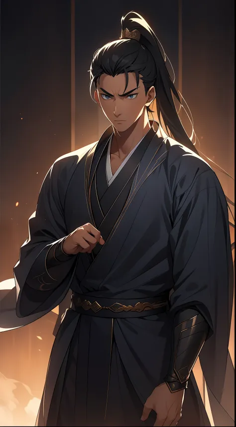 quadratic element，style of anime，mtu（Male Warrior），The proportions are correct，Face details，swordsmen，High ponytail hairstyle，Neck details，There is an Adams apple，White suit，kaftan，long white robe，clothes details，Handing over，longer sleeves，Game quality，Sw...