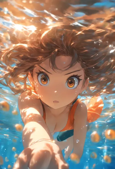 foreshortening,  Depth of field, Masterpiece, Best quality, 1girll, Brown hair, Brown eyes,  Long hair, Underwater, airbubble, Solo, view the viewer, School swim wear, Swimming,  Dappled sunlight,