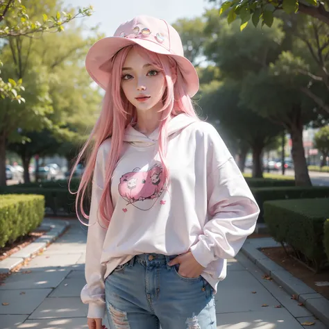 high qulity，detail-rich，The ultra-realistice，long pink  hair，Charming face，White sweatshirt，short jeans pants，Park path，Background bokeh，White hat