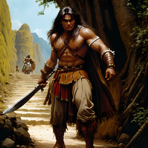 excellence hd 8k male classic art barbarian comics, conan, the barbarian, jovem viril, face limpa, caminhando por uma estrada de...