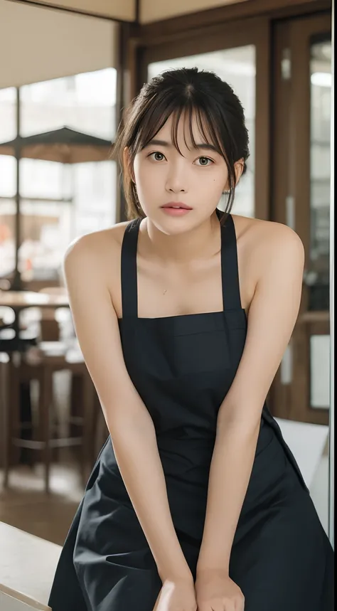 ((top quality, 8k, masterpiece: 1.3)), 1 beautiful Japan girl, beauty with slender abs: 1.3, (medium short hair, big: 1.2), (black naked apron: 1.3), ultra-detailed face, detailed eyes, double eyelids, café background, slouching, hands on knees, cleavage, ...