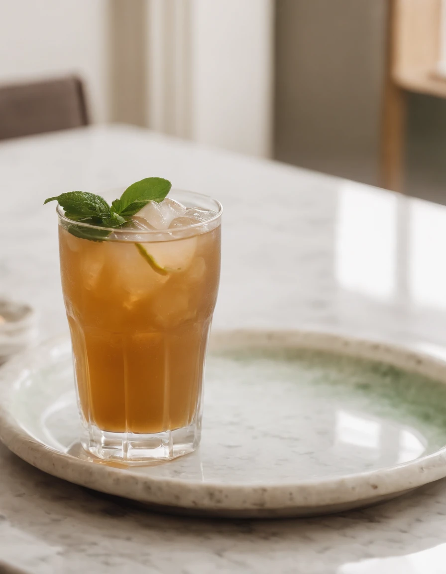 A cocktail lies on a white marble table in the style of light brown and green, rough surface, duck core, folk style, Ilford Pan F, intricate, tondo, a little girl is sitting at the table