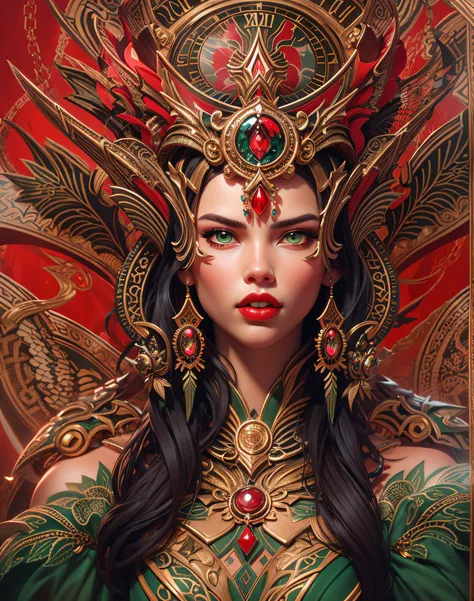 there is a woman (Adriana Lima :1.1) red lips, green eyes, with a large headdress and a clock, stunning digital illustration, exquisite digital illustration, 4k detailed digital art, the dragon girl portrait, beautiful fantasy art portrait, 4k highly detai...