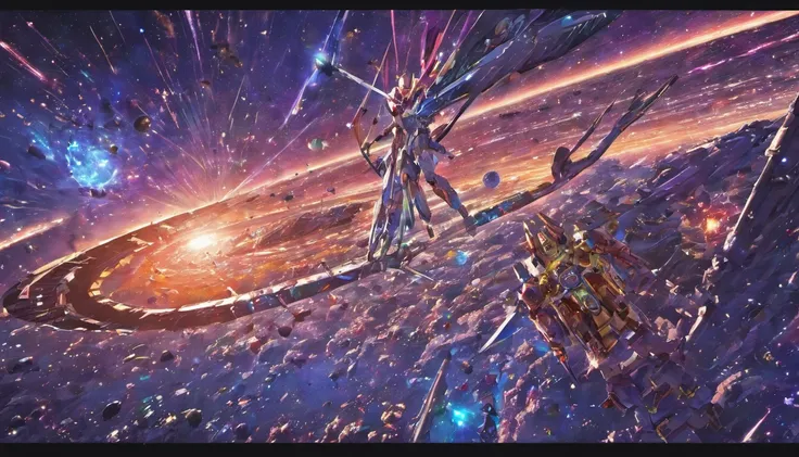 (Space art),(high-angle view:1.2), A futuristic complex spaceship is stationary in space, its hull is damaged, robots and astronauts are repairing it, the vast universe is in the background, outstanding details, cinematic footage