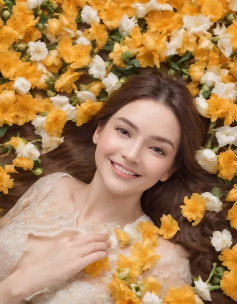 a young woman covered in flowers with a smile on her face, in the style of surrealistic dreamlike scenes, asian-inspired, macro photography, pompeo batoni, fragmented portraiture, highly realistic, high-angle,(medium close-up)