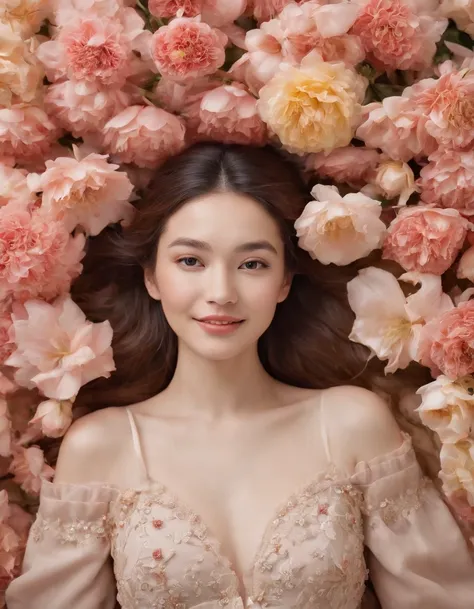 a young woman covered in flowers with a smile on her face, in the style of surrealistic dreamlike scenes, asian-inspired, macro photography, pompeo batoni, fragmented portraiture, highly realistic, high-angle,(medium close-up)