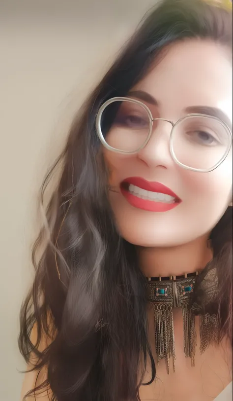 there is a woman with glasses and a necklace on her neck, wearing a native american choker, wearing intricate black choker, wearing choker, wearing gold detailed choker, !!wearing modern glasses!!, wavy long black hair and glasses, profile image, wearing t...