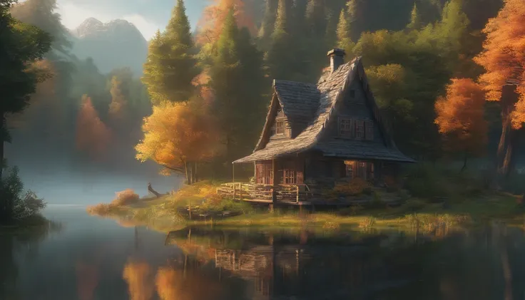 (Best Quality,4k,8K,hight resolution,Masterpiece:1.2),Ultra-detailed,(Realistic,Photorealistic,photo-realistic:1.37),A small house on a quiet lake in the forest,digital rendering by Alexander Brooker,Shutterstock,Fantasy art,Beautiful fairytale visualizati...