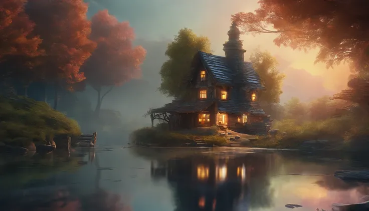 (Best Quality,4k,8K,hight resolution,Masterpiece:1.2),Ultra-detailed,(Realistic,Photorealistic,photo-realistic:1.37),A small house on a quiet lake in the forest,digital rendering by Alexander Brooker,Shutterstock,Fantasy art,Beautiful fairytale visualizati...