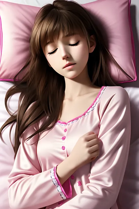 Sleeping girl, 15 years old, Realistic, ((Cute))，Lie down in bed，Wear pink pajamas，Brown hair.  --s --auto