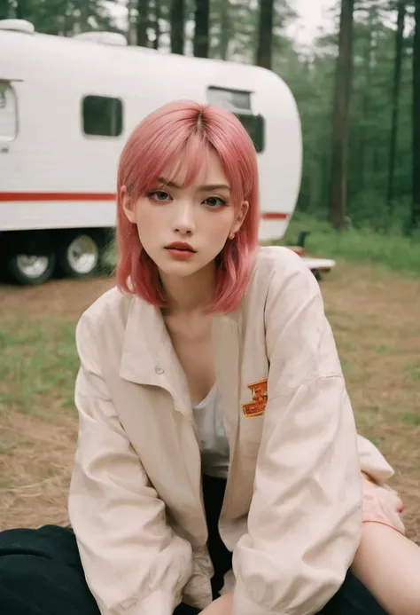 analogphoto, Grain film, vintage photograph, Portra 400, The Flash, In the style of lo-fi aesthetics:: Girl sitting near camping trailer, Light beige and red、Green and pink hair、Beautiful Japan、24 year old