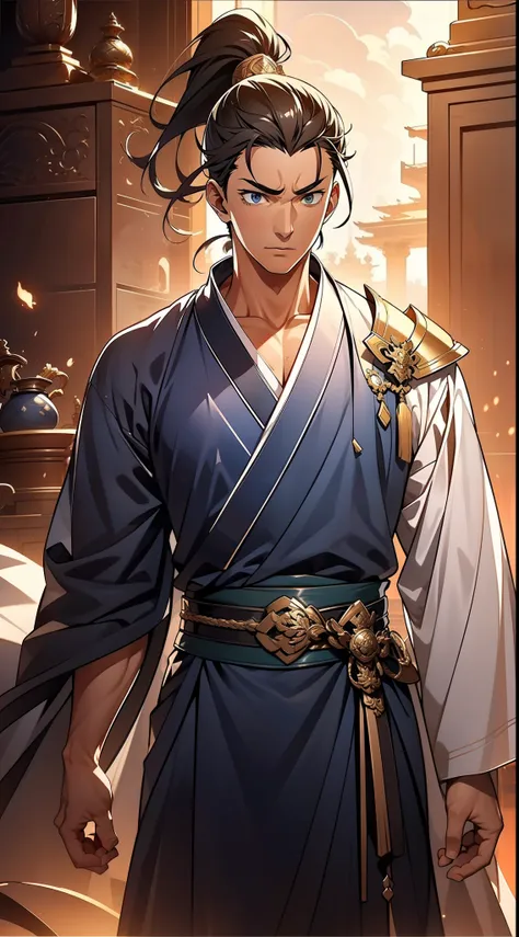 quadratic element，style of anime，mtu（Male Warrior），The proportions are correct，Face details，swordsmen，High ponytail hairstyle，Neck details，There is an Adams apple，White robe，kaftan，long white robe，clothes details，Handing over，longer sleeves，Game quality，Sw...