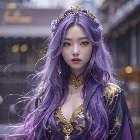 Genki Girl 32K（tmasterpiece，k hd，hyper HD，32K）Long flowing bright purple hair，Autumn Pond，zydink， a color， Asian people （Genki girl）， （Silk scarf）， Combat posture， looking at the ground， long whitr hair， Floating bright purple， Fire cloud pattern gold tiar...