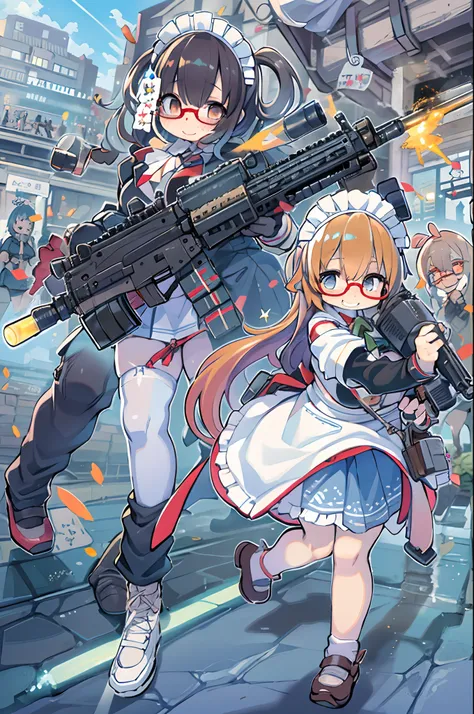 masutepiece, Best Quality, 1girl in, Empty eyes, Utsurome, maid, Smile,a child girl,Lori,(((Huge assault rifle))),rocket launcher、Multiple girls、big round glasses,double tooth