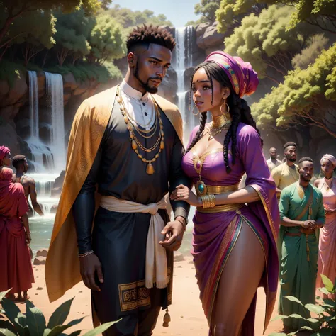 African man marrying African woman with crowd watching them, all wearing African traditional clothes, in an African area surrounded by African sculptures, Trees, gardens of flowers and waterfall, giving a beautiful vibrant and cinematic look, daylight shin...