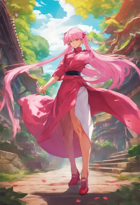 colorful, ((anime)) haruno sakura, long pink hair, green eyes, red dress, ((solo)),  8k, ((leaf village in the background)), ((masterpiece)), HDR, highly detailed, professional