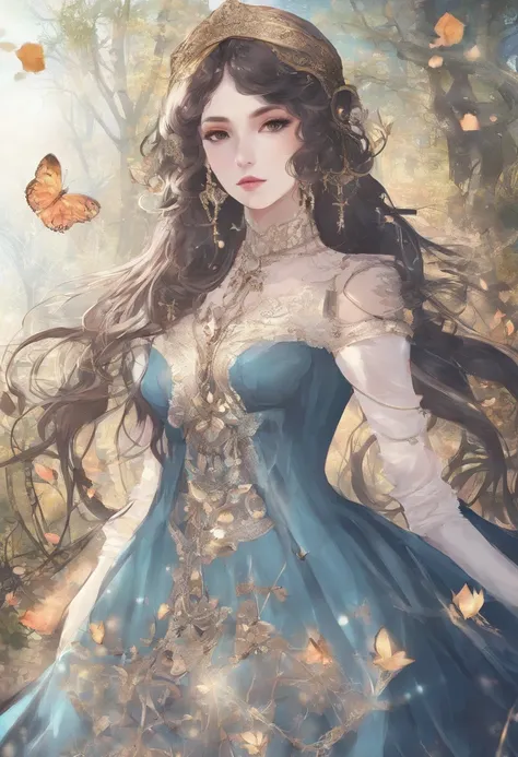 Masterpiece:1.4),, (Best quality:1.4),, Ultra-high RES,, 8K, CG,, (Extremely delicate and beautiful:1.2),,The upper part of the body,, 1girll,, Solo,, fashi-girl,, Thumbelina，Little princess，Blue taffeta court dress，Under huge mushrooms，forest backgrou ,De...