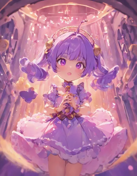 (best quality, highres:1.2),ultra-detailed,professional,portrait,purple-haired princess, twin buns, bob hair, purple eyes, almond-shaped eyes, petite figure, cute and attractive, kawaii, Lolita-inspired, charming and innocent, fair skin.