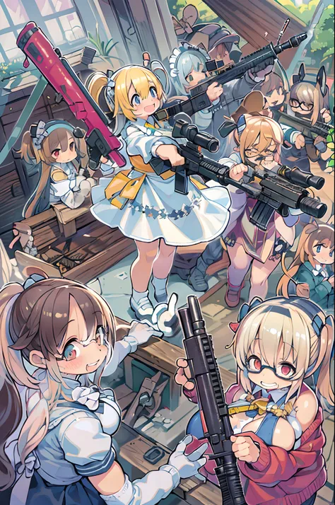 masutepiece, Best Quality, 1girl in, Empty eyes, Utsurome, maid, Smile,a child girl,Lori,(((Huge assault rifle))),rocket launcher、Multiple girls、big round glasses,double tooth