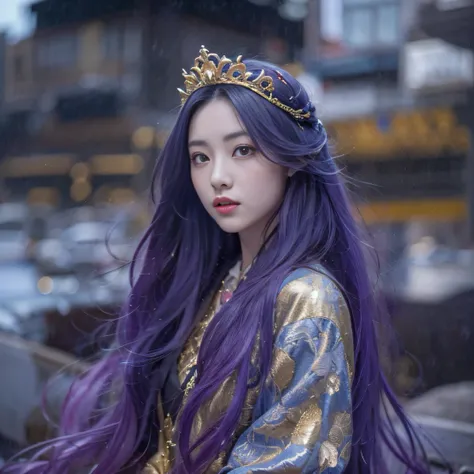 Genki Girl 32K（tmasterpiece，k hd，hyper HD，32K）Long flowing bright purple hair，Autumn Pond，zydink， a color， Asian people （Genki girl）， （Silk scarf）， Combat posture， looking at the ground， long whitr hair， Floating bright purple， Fire cloud pattern gold tiar...