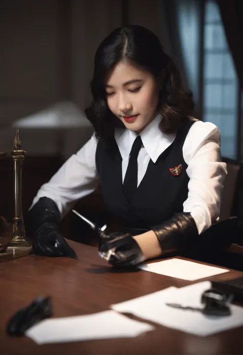 Wearing black leather gloves in both hands, upper body, black carabinieri uniform, shirt and tie, facing the desk in the modern study in the dark, looking down and smiling, writing a letter using a fountain pen, long straight black hair, young Japanese hig...