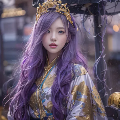 Genki Girl 32K（tmasterpiece，k hd，hyper HD，32K）Long flowing bright purple hair，Autumn Pond，zydink， a color， Asian people （Genki girl）， （Silk scarf）， Combat posture， looking at the ground， long whitr hair， Floating bright purple， Fire cloud pattern gold tiar...