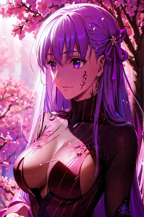best quality,4k,8k,highres,masterpiece:1.2,ultra-detailed,realistic,photorealistic:1.37,sakura matou,violet hair,violet eyes,detailed eyes,detailed body,detailed outfit,purple kimono with cherry blossom patterns,elaborate embroideries,flowing silk fabric,d...