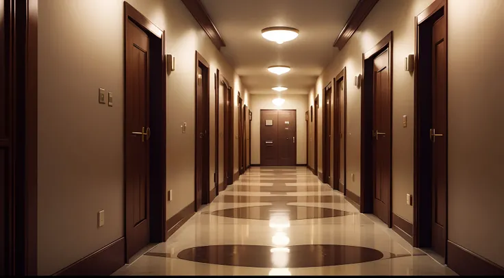 hotel hallway with brown doors, fantasy style, modern