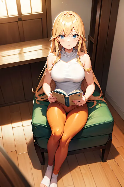 (masterpiece), best quality, expressive eyes, perfect face, anime girl with blonde shiny hair and sitting on a chair reading a book, seductive anime girl, medium_oppai, beautiful alluring anime woman, hajime yatate, female anime character, official anime s...