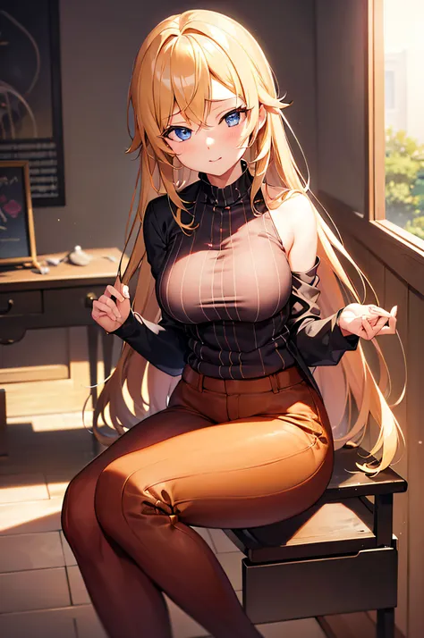 (masterpiece), best quality, expressive eyes, perfect face, anime girl with blonde shiny hair and sitting on a chair reading a b...