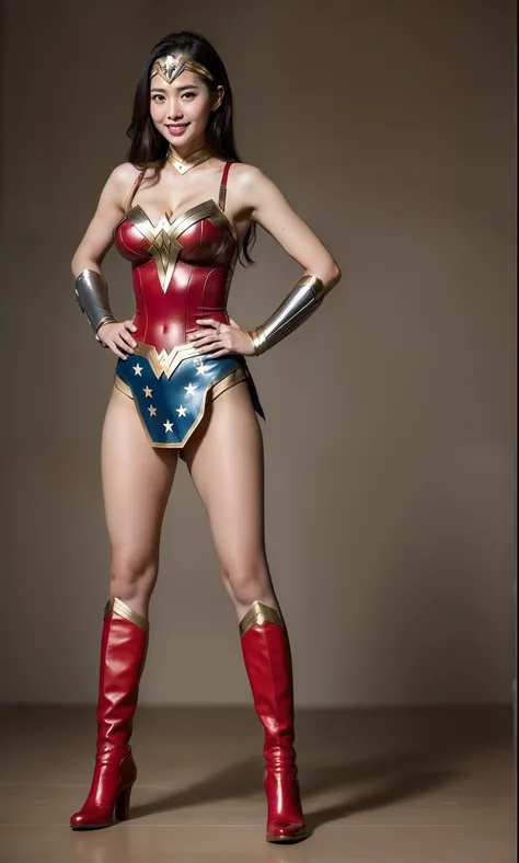 (((Make the most of the original image)))、(((Wonder Woman Costume)))、(((lustrous dark hair)))、(((Suffering)))、(((Feet must necessarily be worn with tights)))、(((Smile)))、(((You need to wear red boots)))、((Top image quality、8K))、((top-quality、8K、​masterpiec...