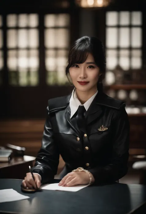 Wearing black leather gloves on both hands　The upper part of the body　Black Carabinieri Uniform　Black shirt and black tie　Towards the desk in the study in the dark、Look down and smile、Write a letter with a fountain pen　long straight black hair　Young Japan ...