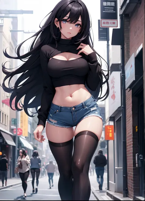 Alaf woman in tight shorts and tight stockings walking down anime street, tights; in a street, pantyhose tights, hotpants, tights, tights, Wearing tight simple clothes, nylon tights, black extremely tight jeans, best qualtiy，cinmatic lighting，细致背景，beatiful...