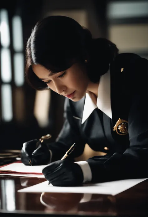 Wearing black leather gloves in both hands, upper body, black carabinieri uniform, shirt and tie, facing the desk in the modern study in the dark, looking down and smiling, writing a letter using a fountain pen, long straight black hair, young Japanese hig...