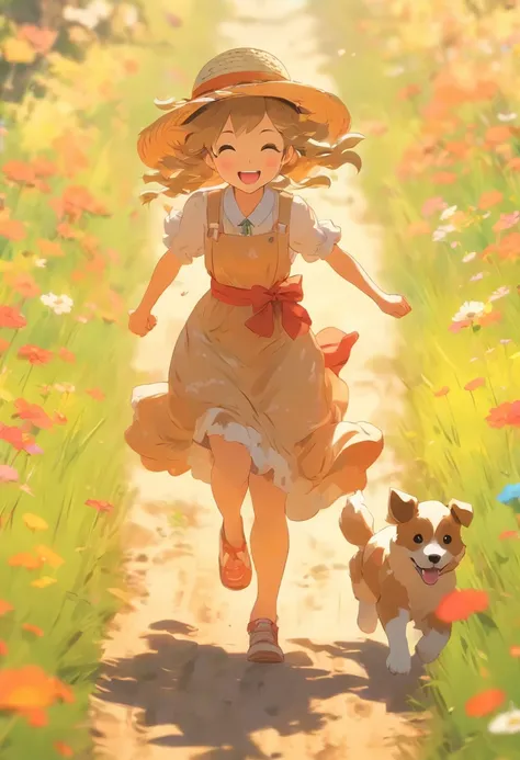 On colorful meadows，One in a long dress，Girl in straw hat running with puppy on dirt road，Niji style