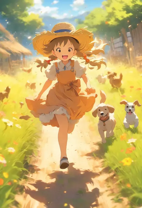 On colorful meadows，One in a long dress，Girl in straw hat running with puppy on dirt road，Niji style