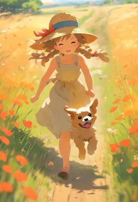 On colorful meadows，One in a long dress，Girl in straw hat running with puppy on dirt road，Niji style