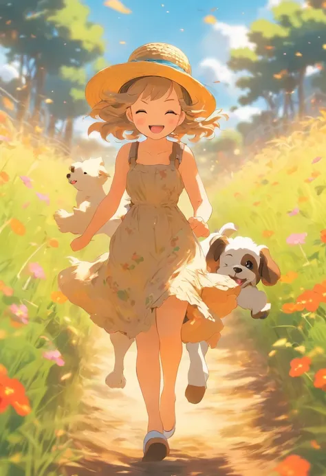 On colorful meadows，One in a long dress，Girl in straw hat running with puppy on dirt road，Niji style