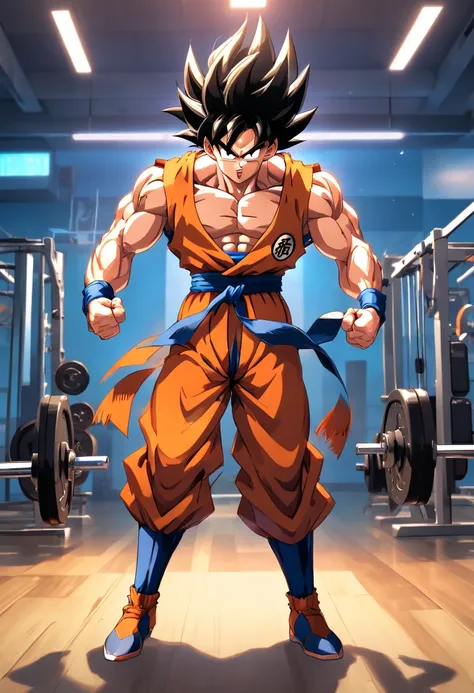 (highres,masterpiece:1.2),goku training at a bodybuilding gym,strong muscular man,impressive muscular physique,strong arms and legs,heavyweights,weightlifting equipment,weight plates and barbells,gym mirrors,exhaustive workout routine,intense sweat and det...