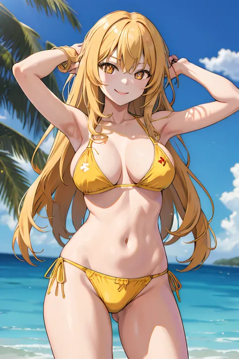 masterpiece, best quality, highres, hmmisaki, long hair, symbol-shaped pupils, +_+, large breasts, yellow bikini, cowboy shot, standing, seductive smile, outdoors,