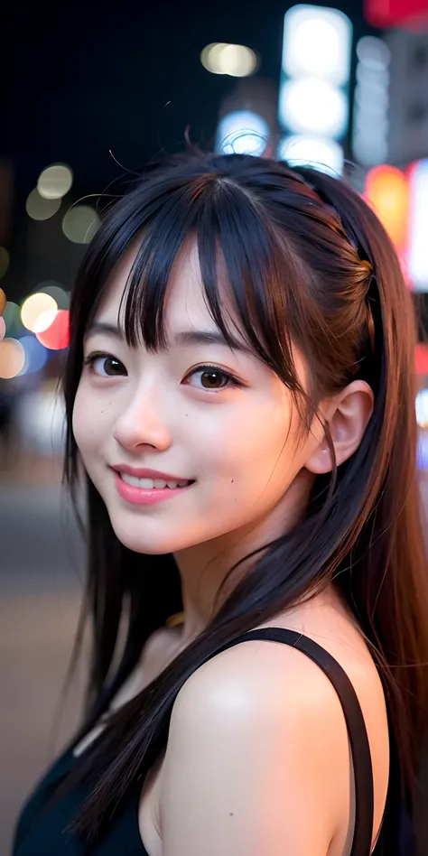 1girl, Tokyo street,night, cityscape,city lights,upper body,close-up,smile,, (8k, RAW photo, best quality, masterpiece:1.2),(realistic, photo-realistic:1.37),