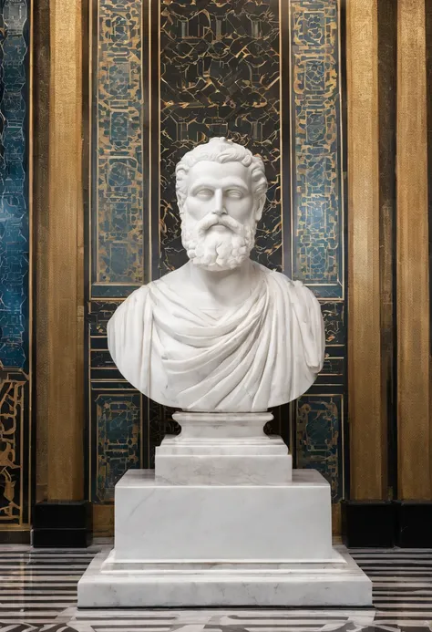 White marble statue of the bust of the wise man with the style of the bearded Greek philosopher in the museum. atmosfera escura, alto contraste de luz e sombra, fotografia profissional, utrarealista, light volumetric, cinemactic