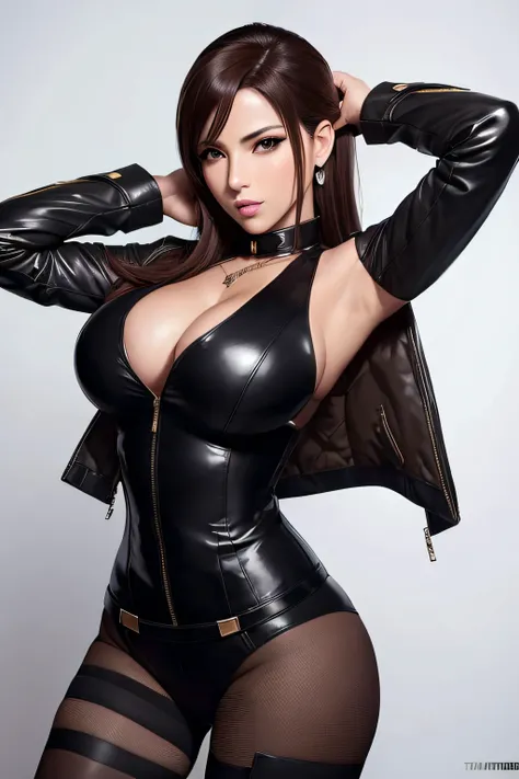 Un primer plano de una mujer con ,Use un traje、militar sexy con Pantyhose brillante my sexy Tifa Lockhart con pelo blanco, Traje revelador, Hermosa y seductora mujer de anime, Cuerpo perfecto sombreado realista, Estilo Artgerm, Ropa reveladora, High Resolu...