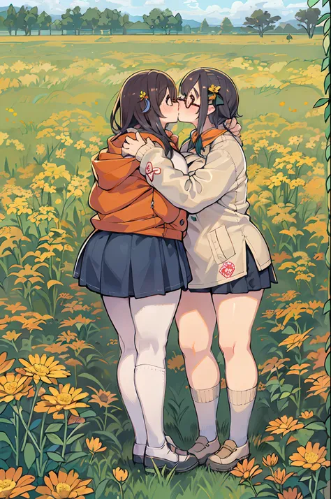 Two-dimensional girl standing in the field enjoying flowers、huge-breasted、big round glasses、bbw,Large Thigh、Two girls、embracing each other、Deep kissing、the kiss、lesbian、red blush