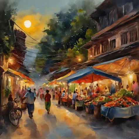 An arafed view of a night market，a lot of lights on the buildings，Firefly lamps，Fantastic Yangon Burma Myanmar town，Old fashioned street，Amazing wallpapers，Watercolor style town，Night market vegetable market old street，There are bicycles,  Well-lit buildin...