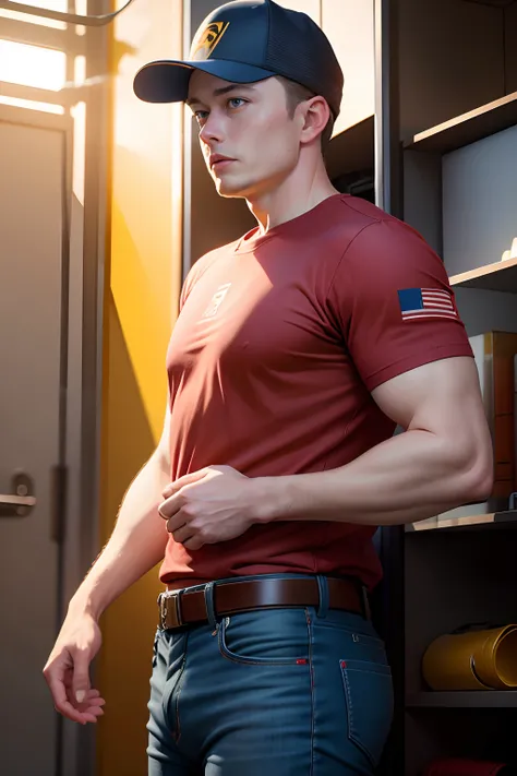 Elon Musk in uniform, yellow cap, red shirt, blue jeans, behind a red details.ultra detailed, real, 8k, standard sizes